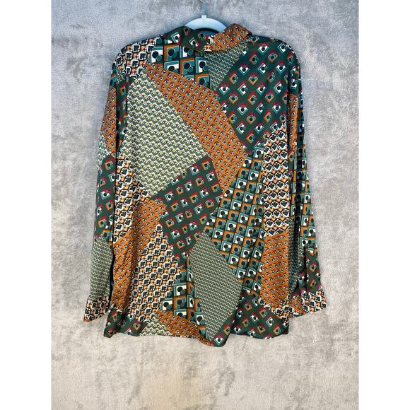 Rachel Roy Blouse XL Green Patchwork Satin Retro Preppy Office NWT - Picture 4 of 6